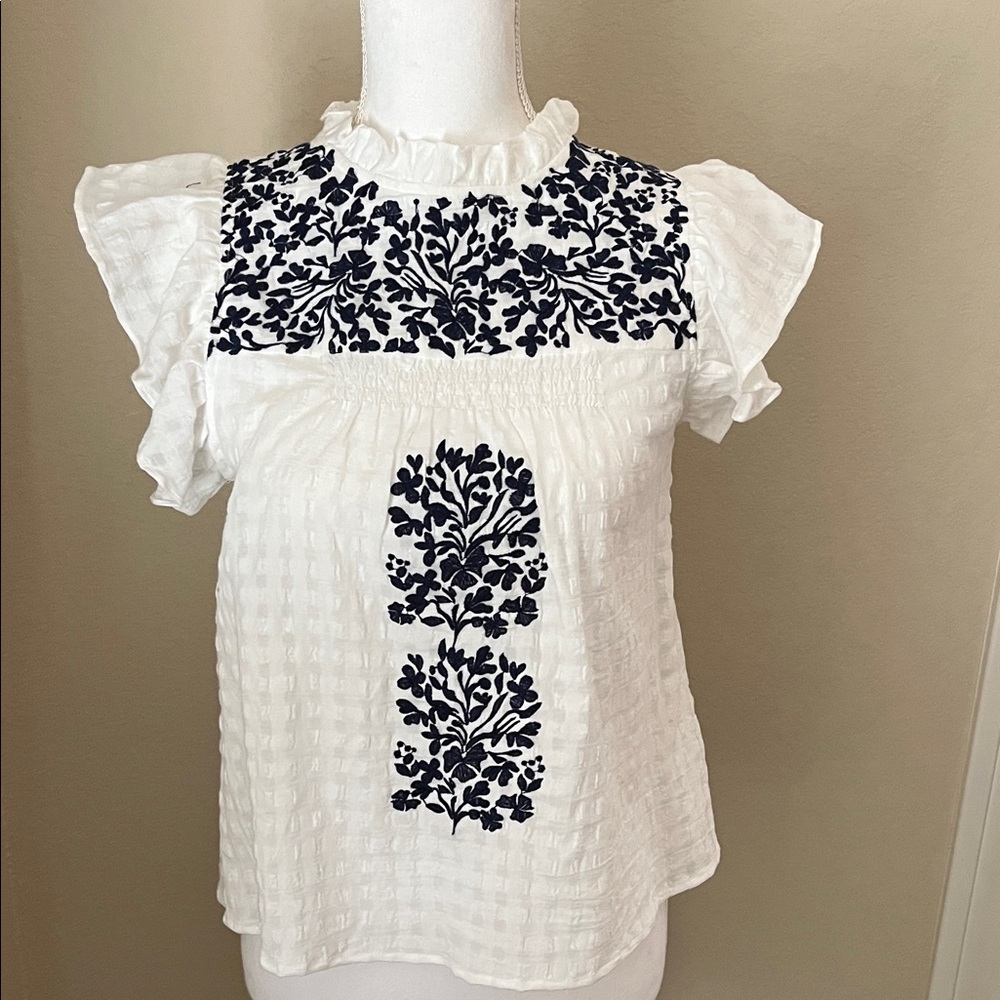 THML White and NavyEmbroidered Women's Top